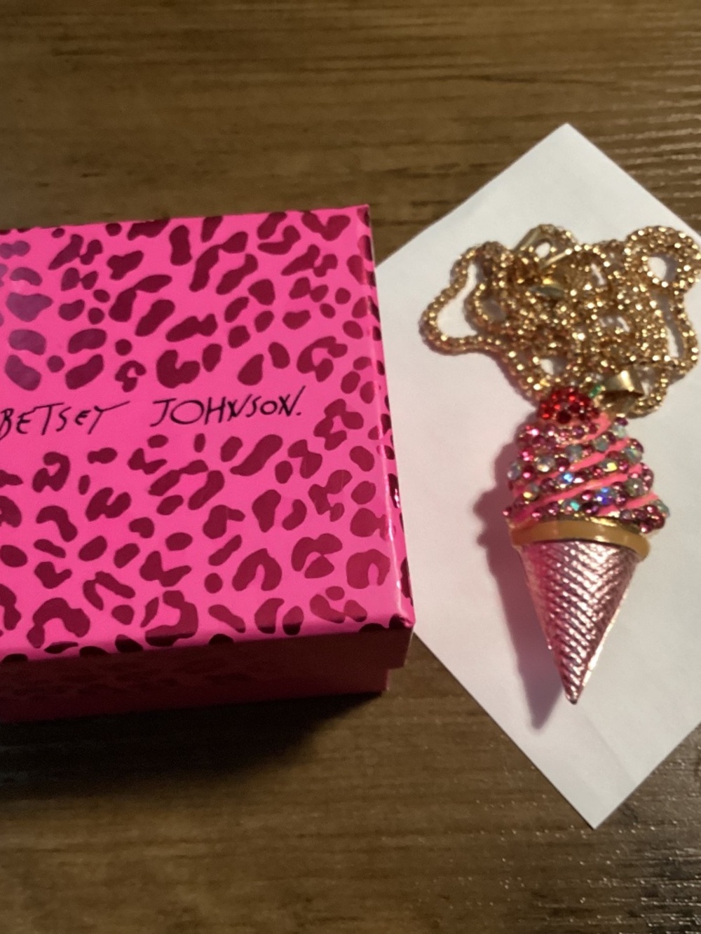 BETSEY JOHNSON PINK CRYSTAL & ENAMEL STRAWBERRY ICE CREAM CONE PENDANT NECKLACE